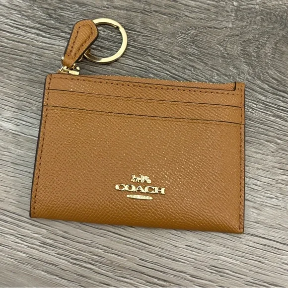 COACH card case wallet - COACH ID case mini brown tan - COACH tan wallet gold - Picture 1 of 4